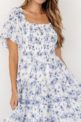 Lilla Tiered Midi Dress | Off - White + Blue Floral - Baltic Born